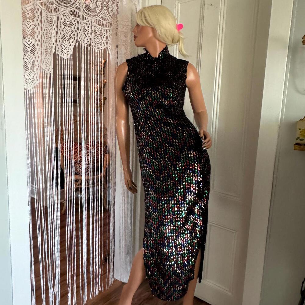 70s 80s Form-fitting Sleeveless maxi dress Rainbow Sequins Handmade Mock Neck Sm